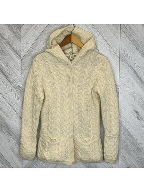 Aran Mor Ireland 100% Merino Wool Cardigan Sweater Womens Small Hooded Fisherman